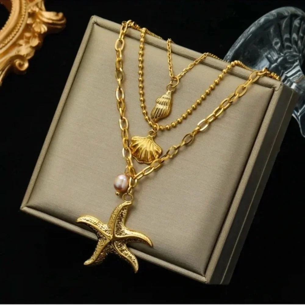 Lariat Trio Starfish Shells 18K Gold Stainless Steel Waterproof Necklace